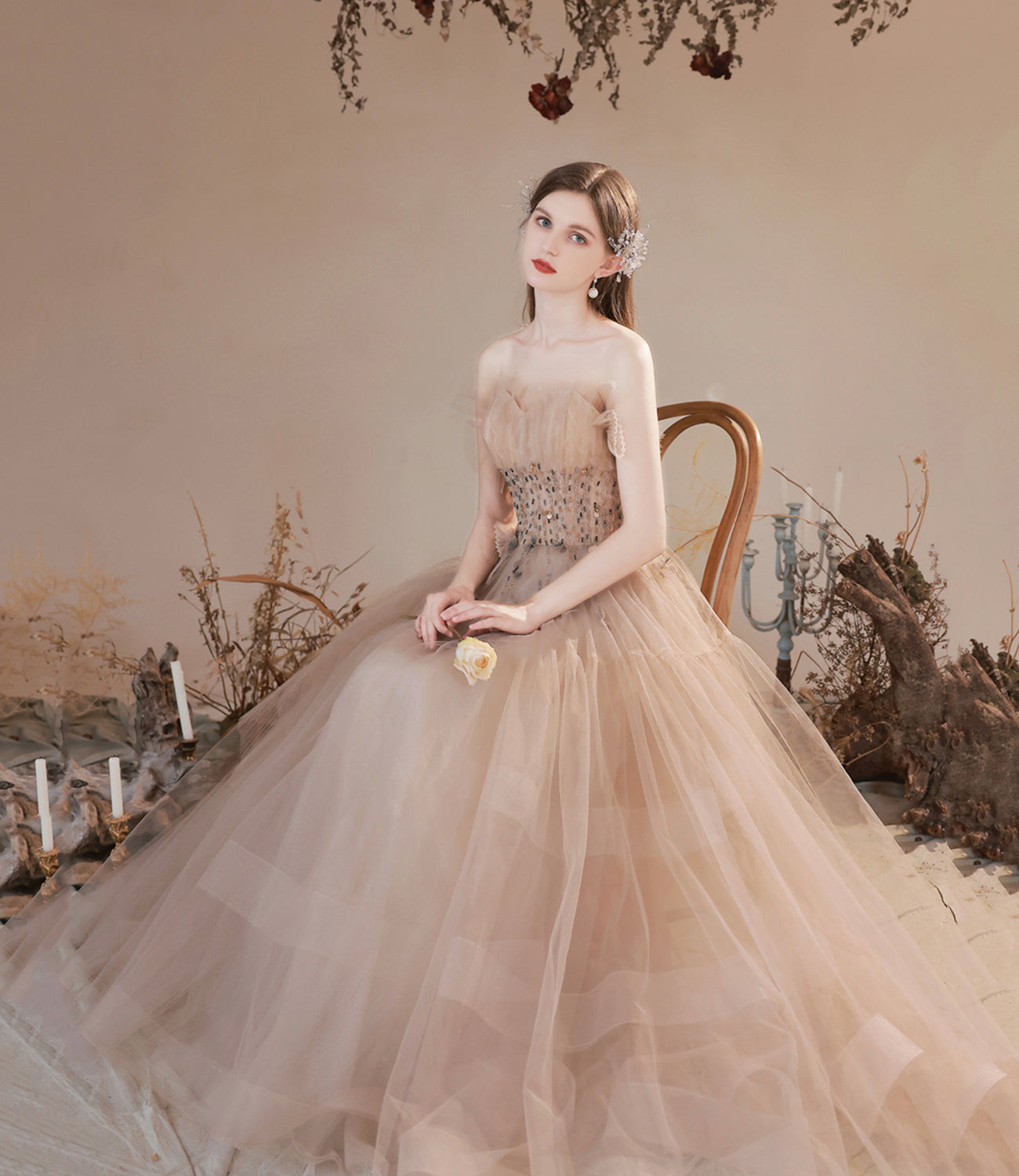 Cute tulle beads long prom dress A line evening dress  10396