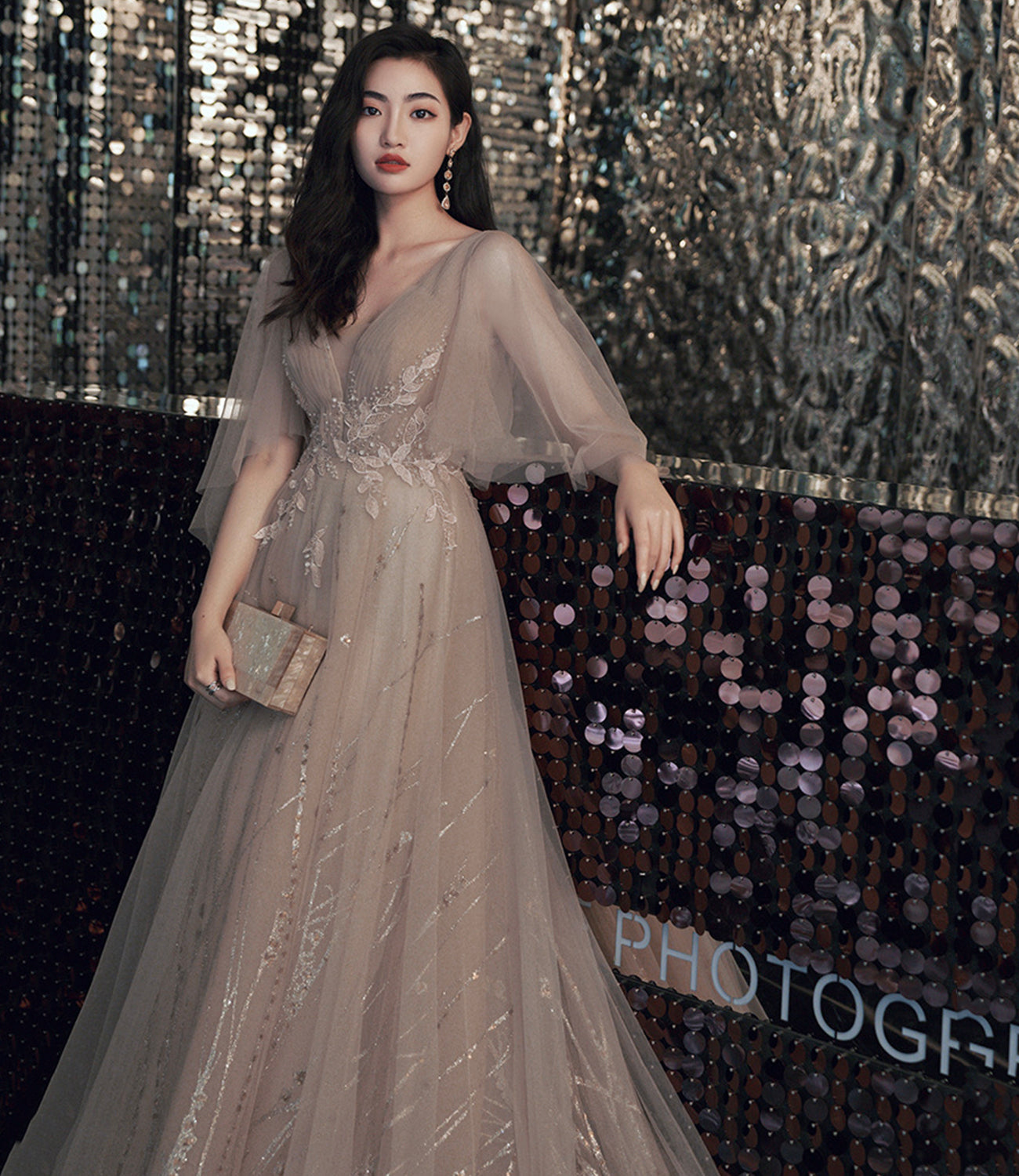 Champagner Tüll Spitze langes Ballkleid A-Linie Abendkleid 10464