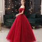 Burgundy tulle lace long prom dress A line evening gown  10323