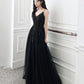 Black tulle sequins long prom dress evening dress  10391