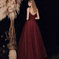 Burgundy tulle beads long prom dress evening dress  10418