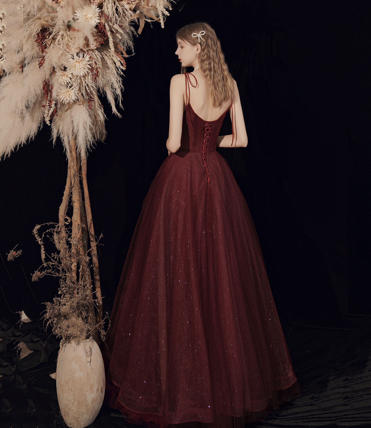 Burgundy tulle beads long prom dress evening dress  10418