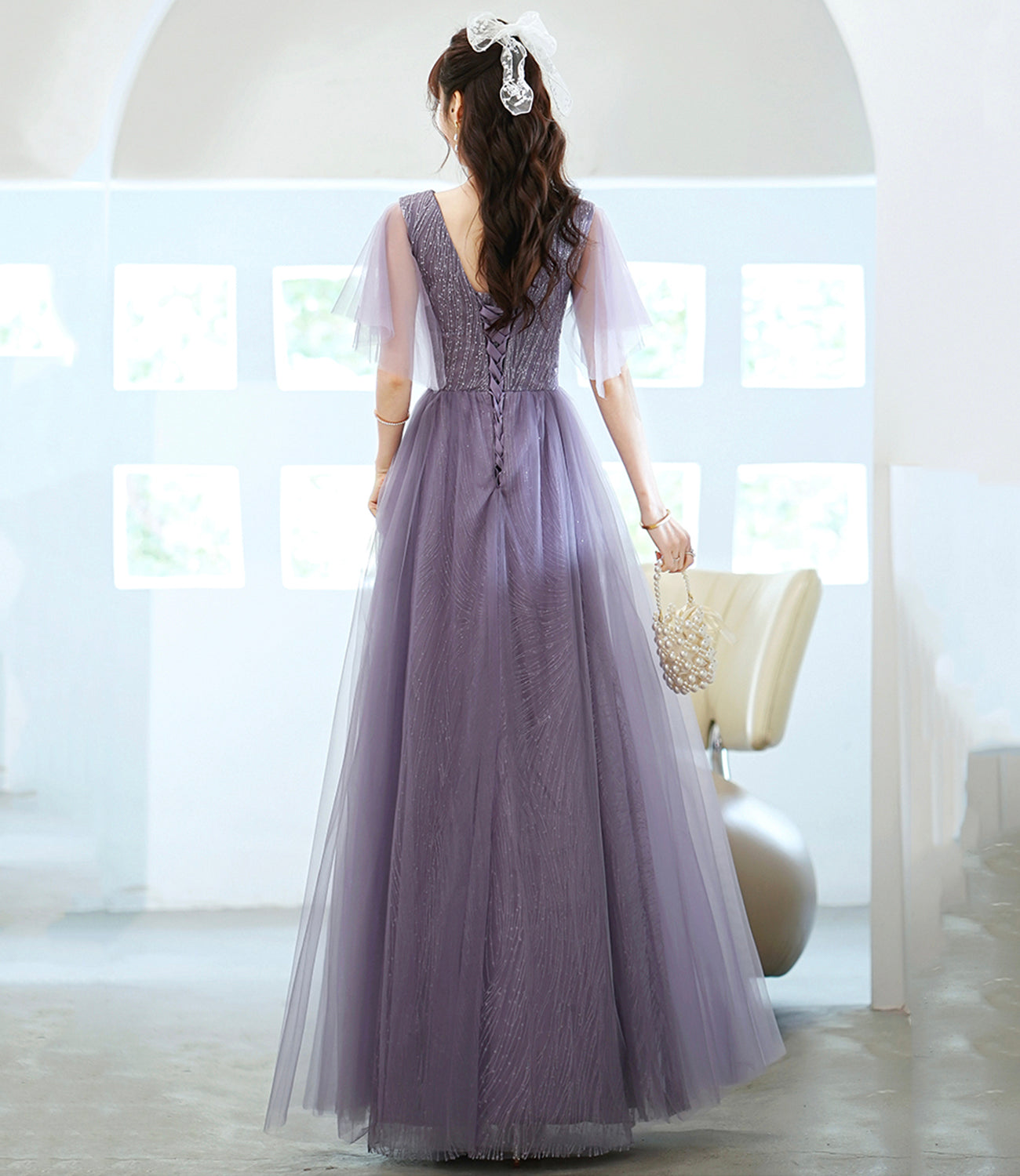 Lila Tüll Pailletten langes Ballkleid A-Linie Abendkleid 10462