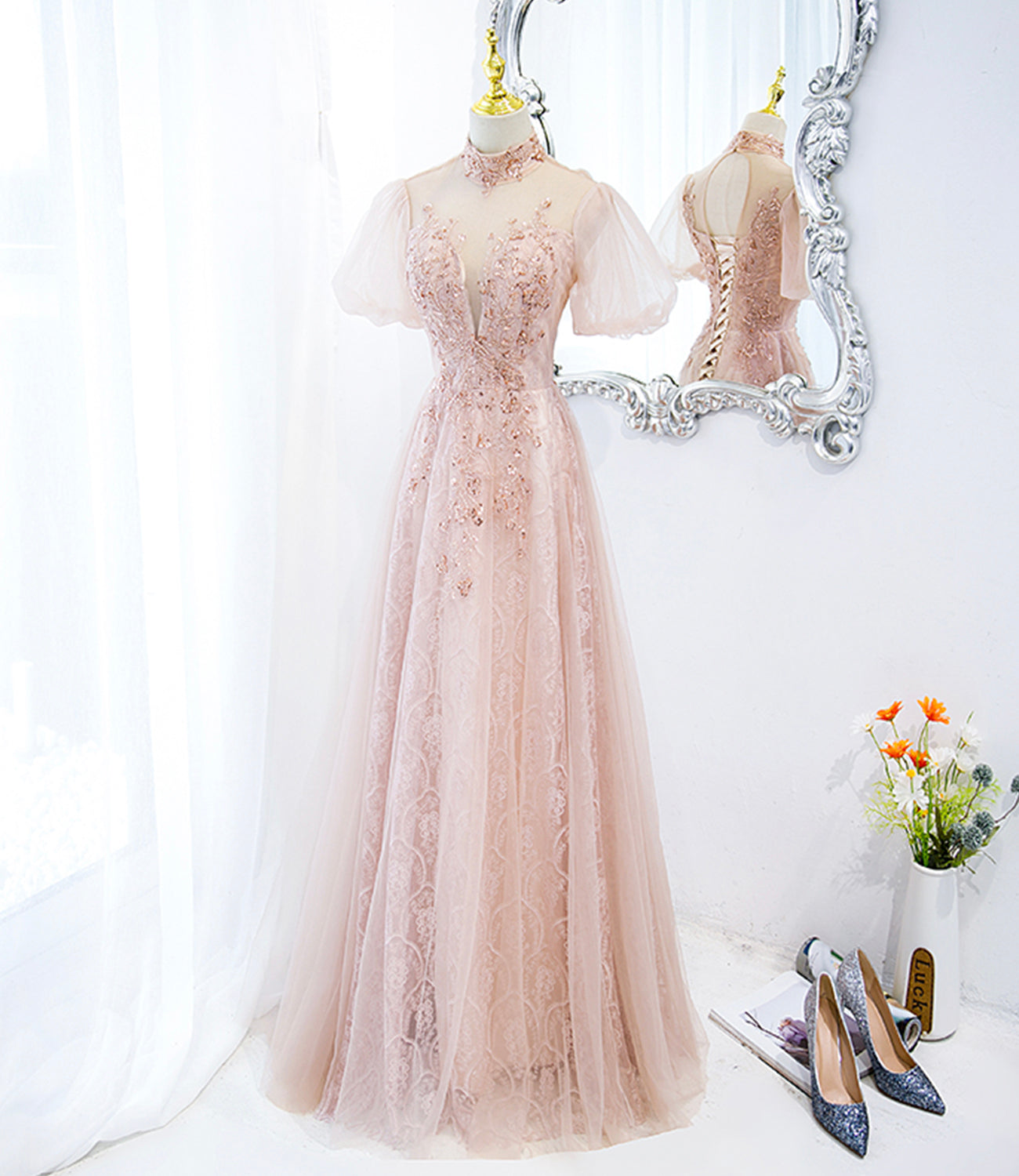 Rosa Tüll Perlen langes Ballkleid A-Linie Abendkleid 10400