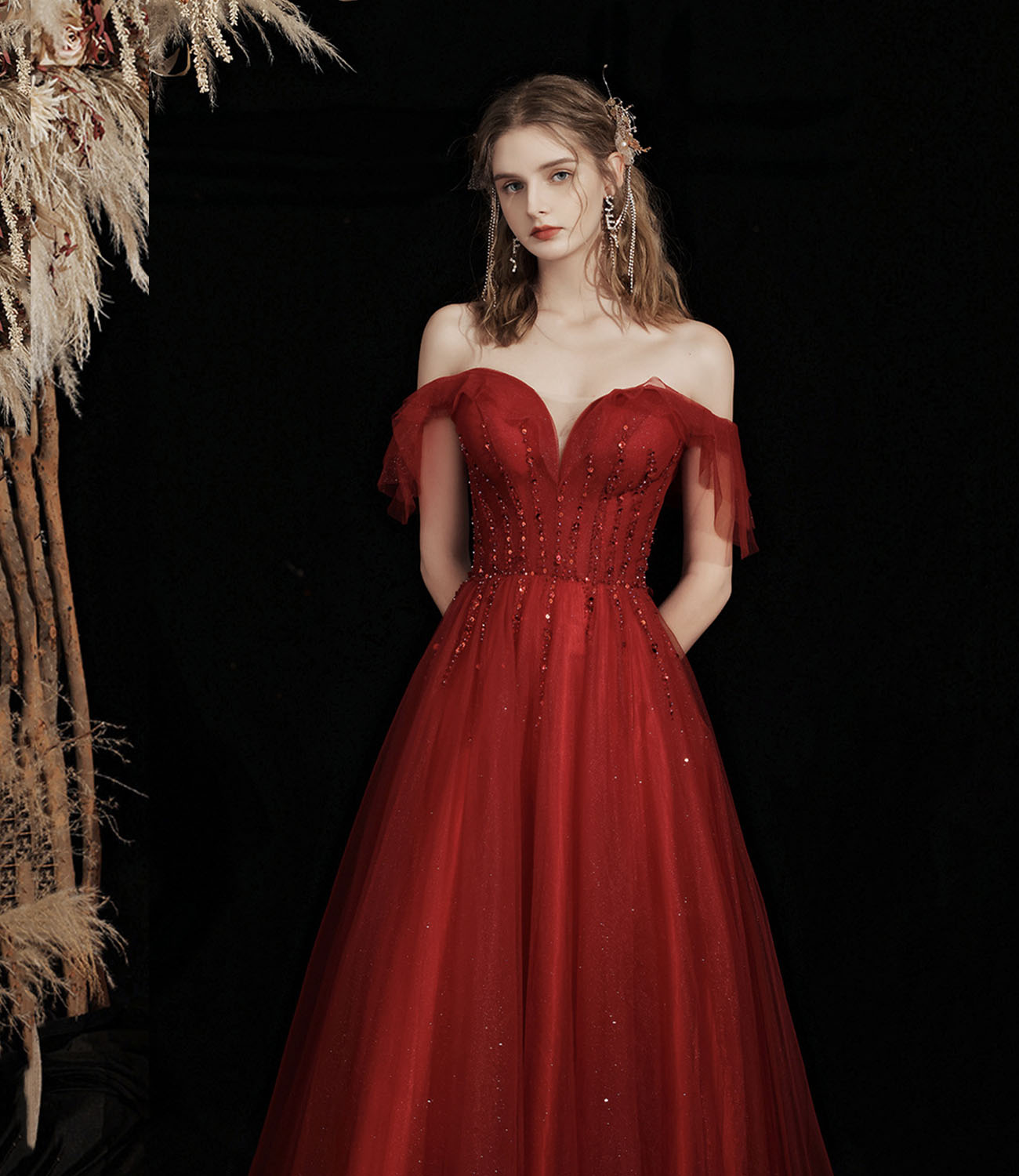 Burgund Tüll Perlen langes Ballkleid A-Linie Abendkleid 10428