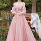 Pink tulle long prom dress A line evening dress  10587