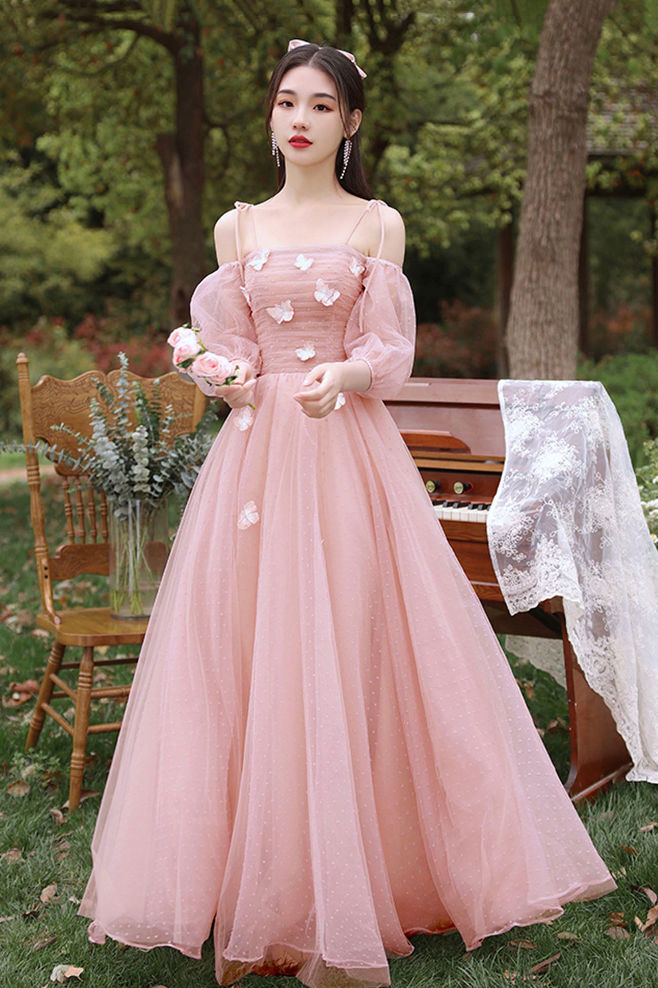 Pink tulle long prom dress A line evening dress  10587