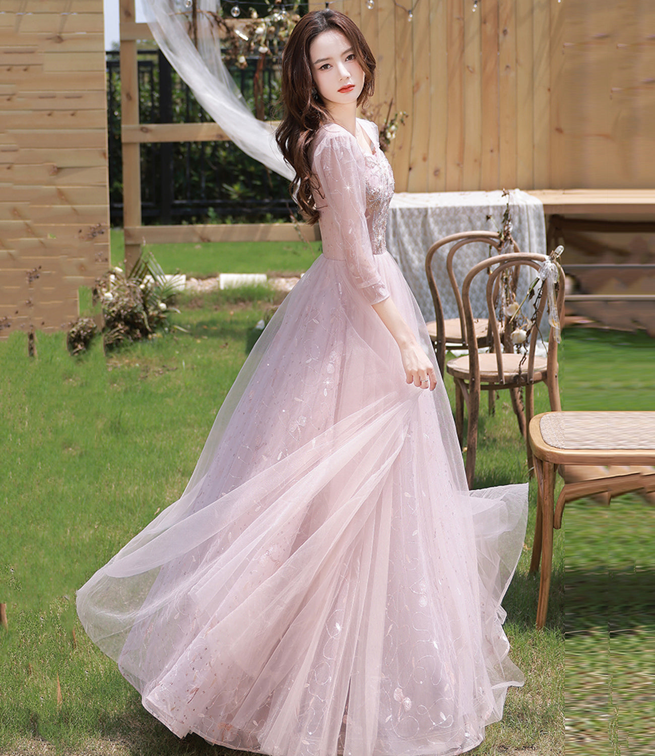 Rosa Tüll Pailletten langes Ballkleid Abendkleid 10362