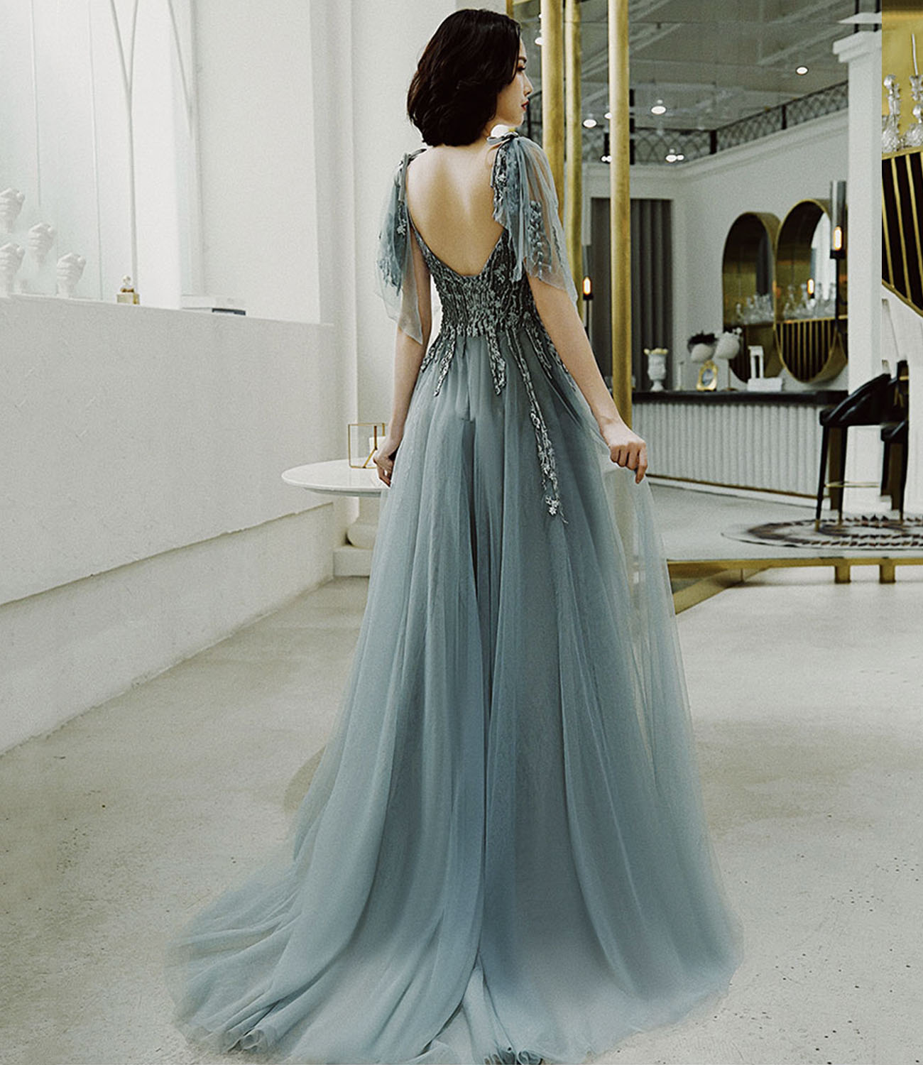 Cute tulle lace long prom dress A line evening dress  10422