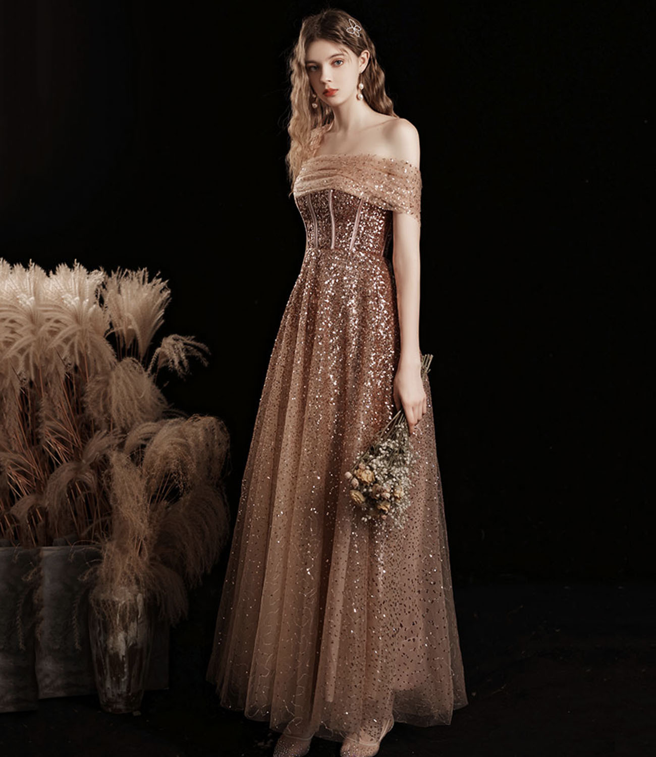 Ballkleid Abendkleid 10412 aus glänzendem Tüll mit Pailletten in Teelänge