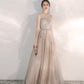 Champagner Tüll Pailletten langes Ballkleid Abendkleid 10375
