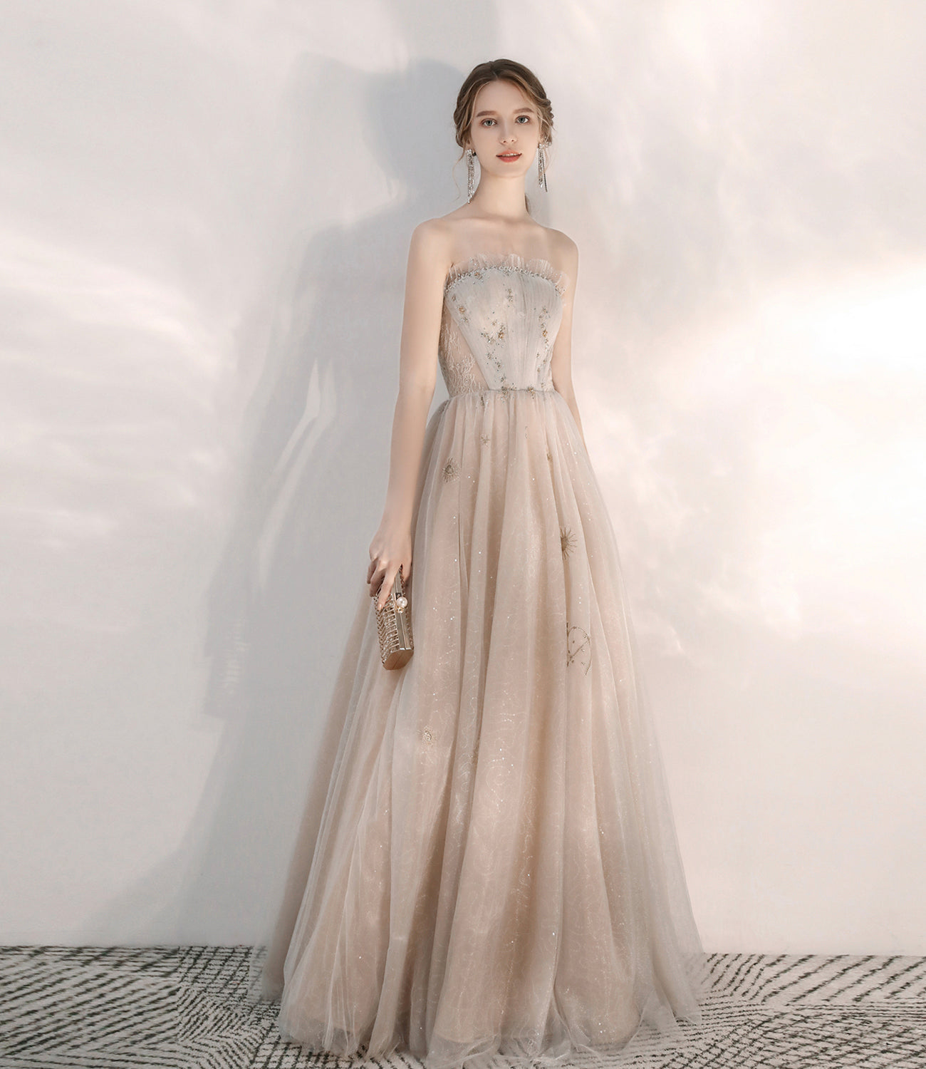 Champagner Tüll Pailletten langes Ballkleid Abendkleid 10375