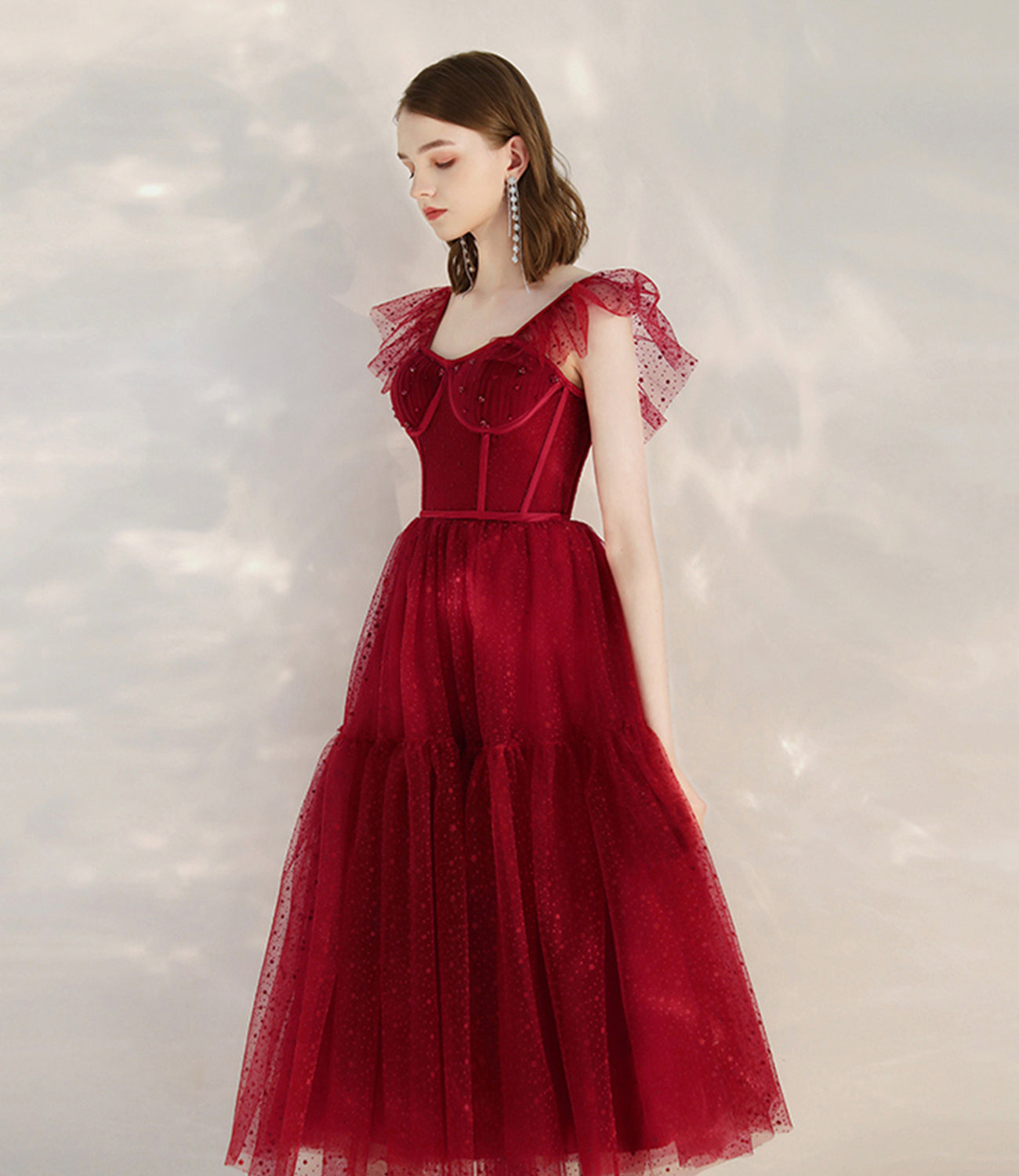 Robe de cocktail courte en tulle rouge avec ligne A 10399