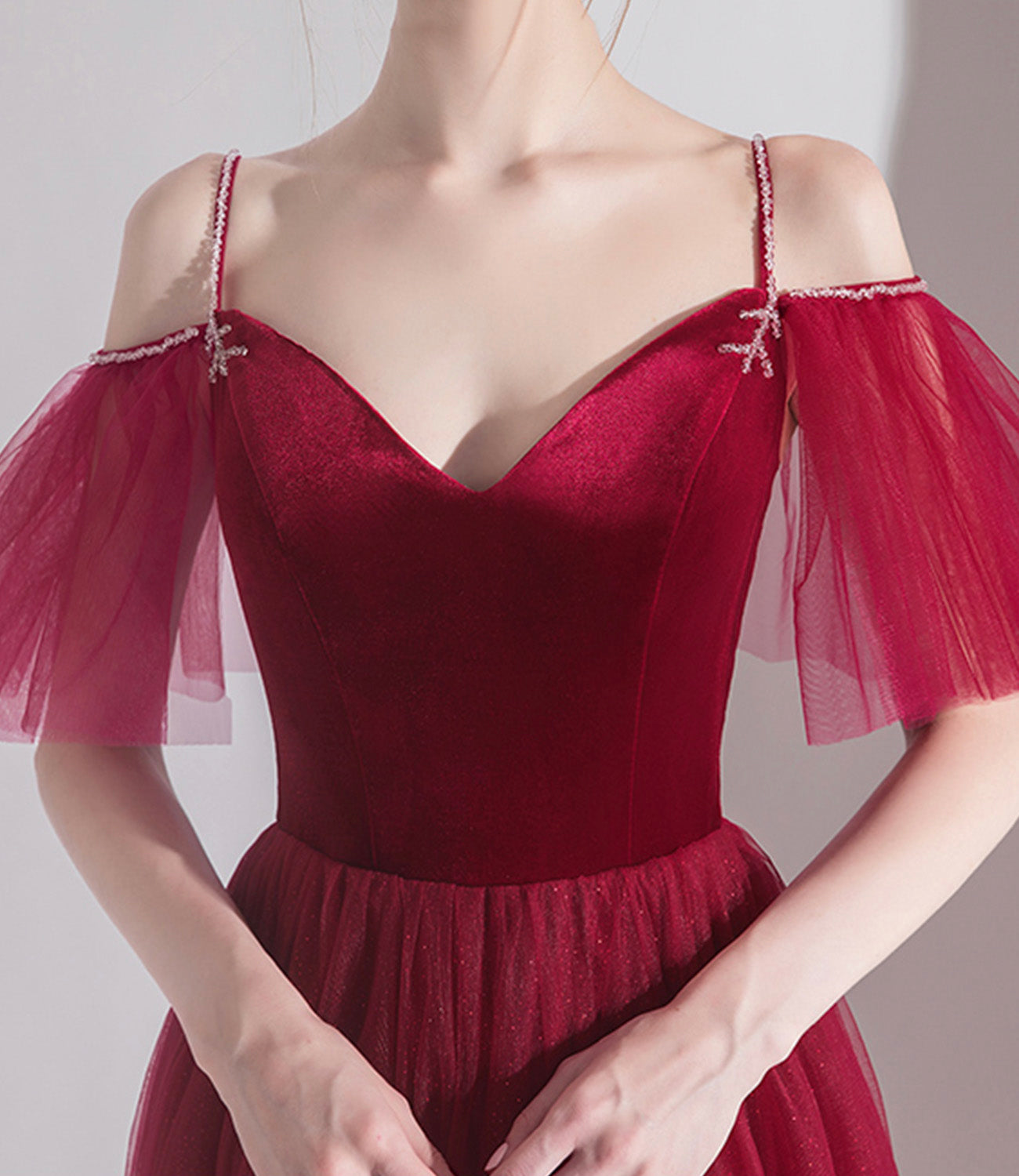 Bugundy Samt Tüll langes Ballkleid A-Linie Abendkleid 10553