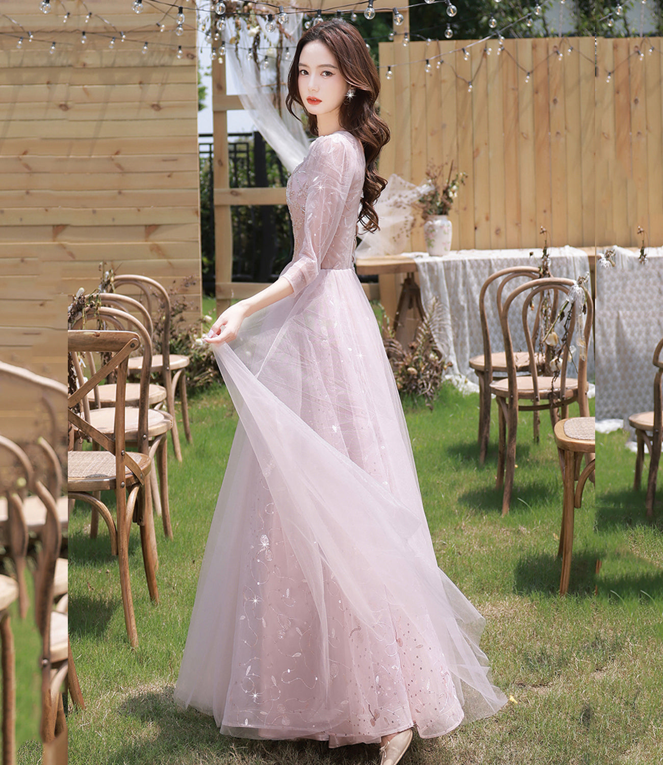 Rosa Tüll Pailletten langes Ballkleid Abendkleid 10362