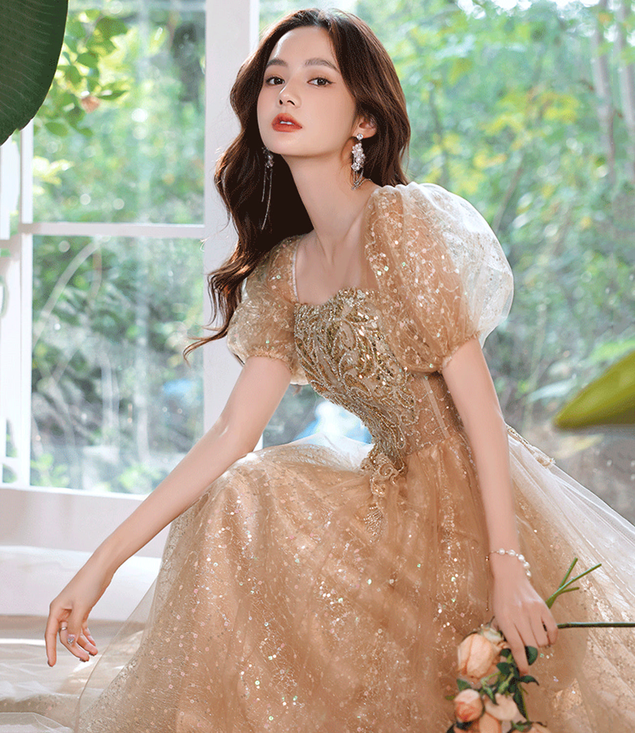 Robe de soirée longue en tulle brillant à paillettes Robe de soirée trapèze 10389