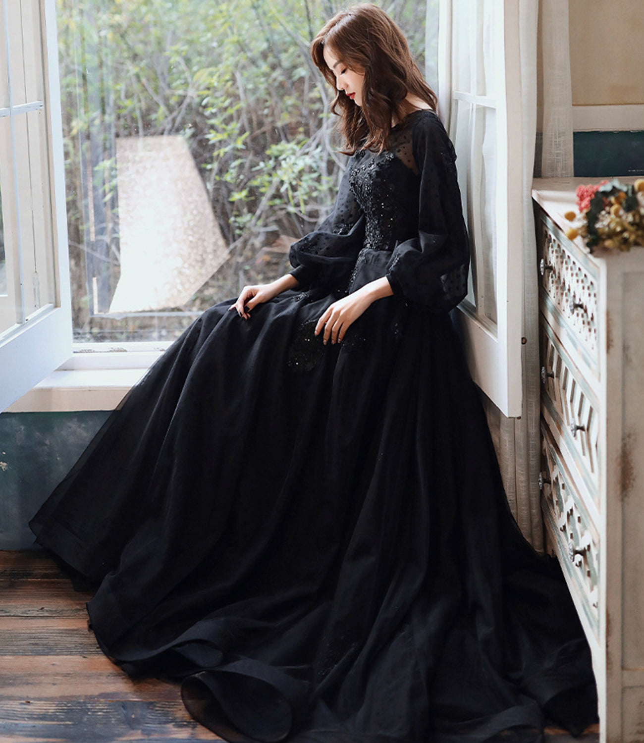 Schwarzes langes Ballkleid aus Tüllspitze A-Linie Abendkleid 10460
