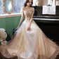 Robe de soirée longue en tulle et dentelle champagne Robe de soirée trapèze 10381