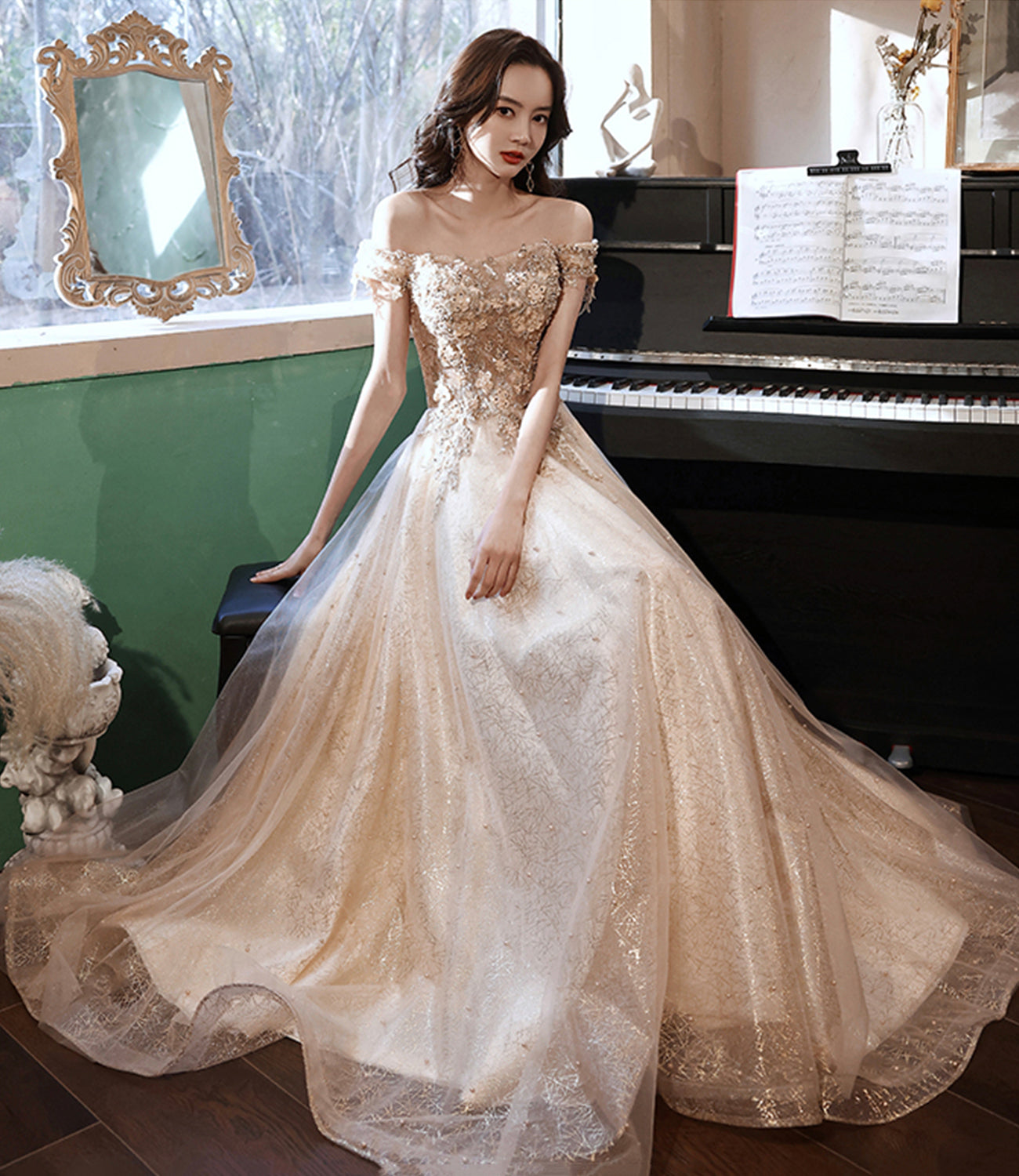 Robe de soirée longue en tulle et dentelle champagne Robe de soirée trapèze 10381