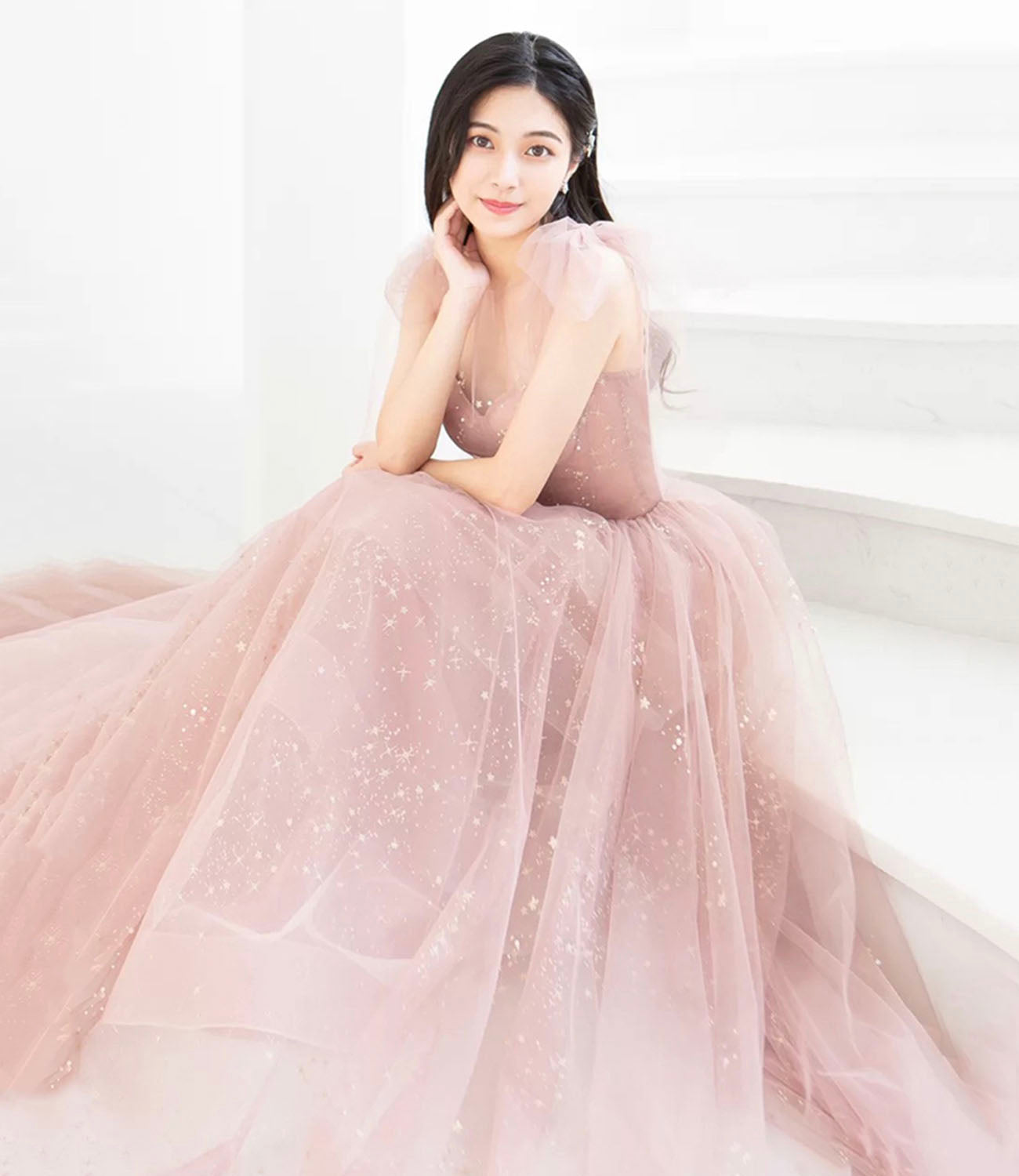 Rosa Tüll langes Ballkleid A-Linie Abendkleid 10421