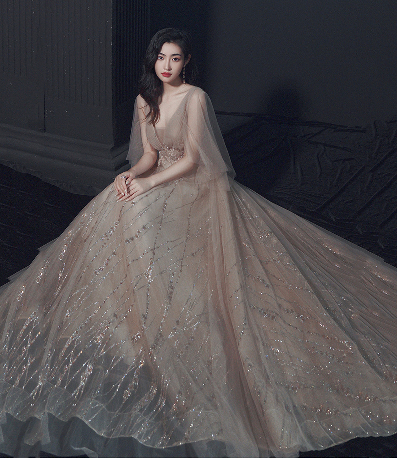 Champagner Tüll Spitze langes Ballkleid A-Linie Abendkleid 10464