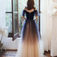 Langes Ballkleid aus blauem Samt-Tüll Abendkleid in A-Linie 10365