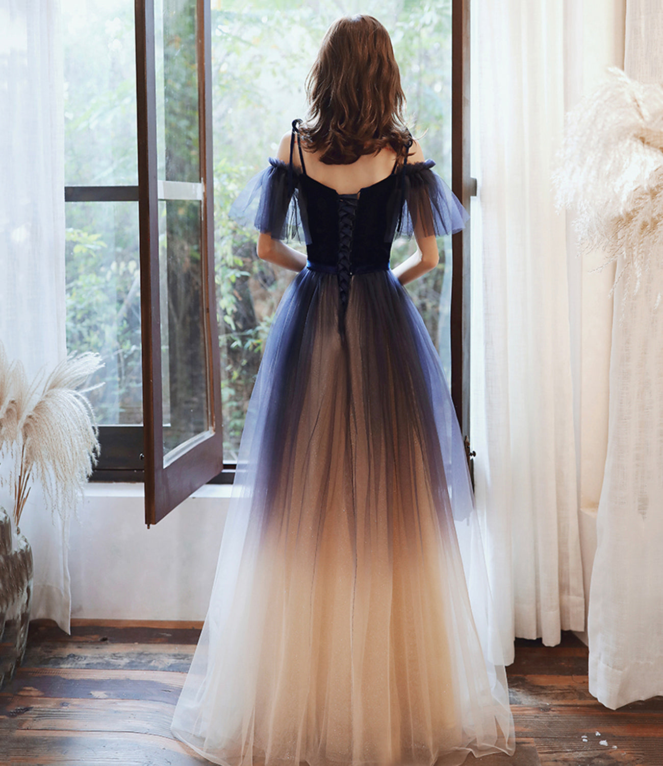 Langes Ballkleid aus blauem Samt-Tüll Abendkleid in A-Linie 10365