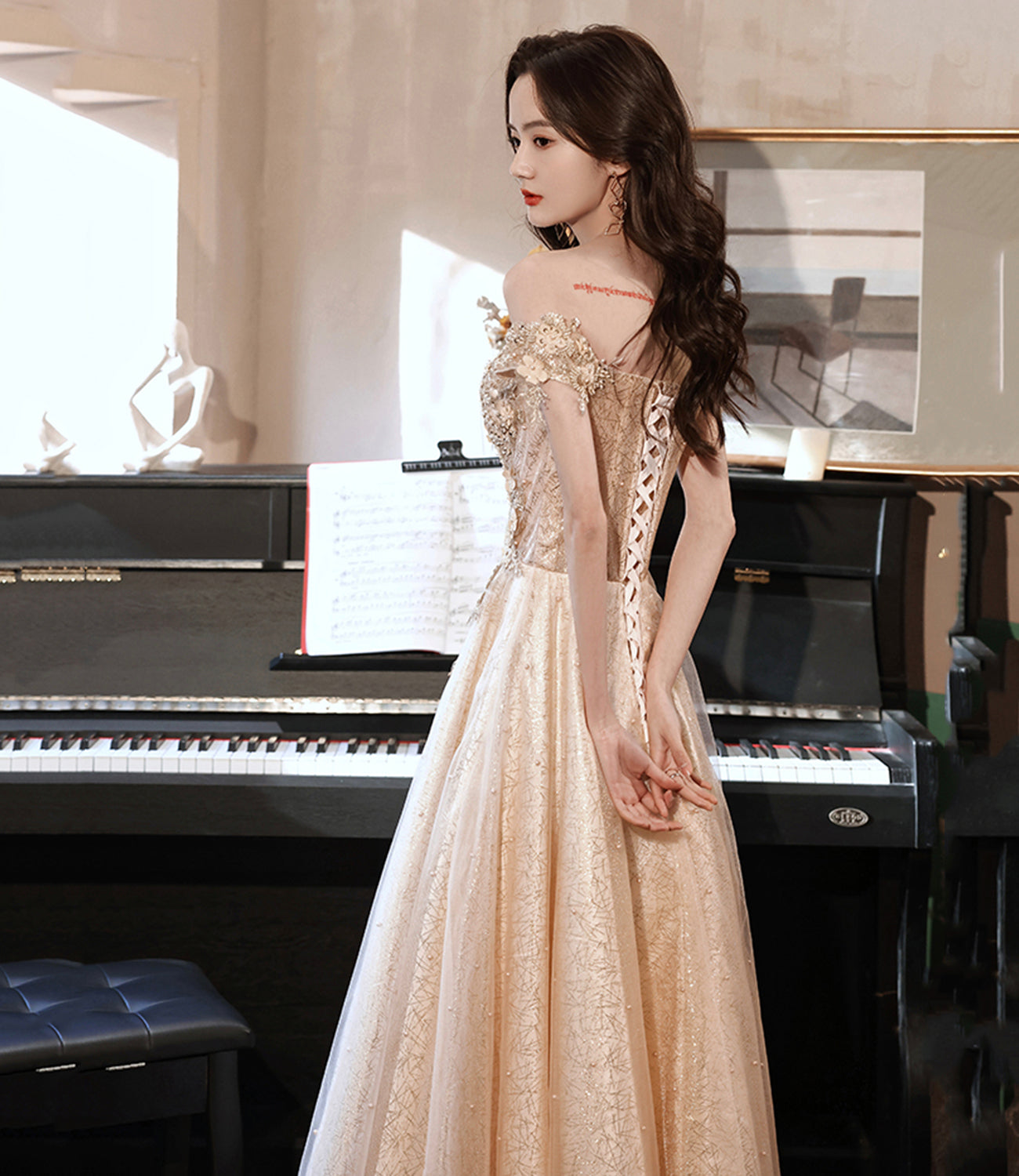 Robe de soirée longue en tulle et dentelle champagne Robe de soirée trapèze 10381