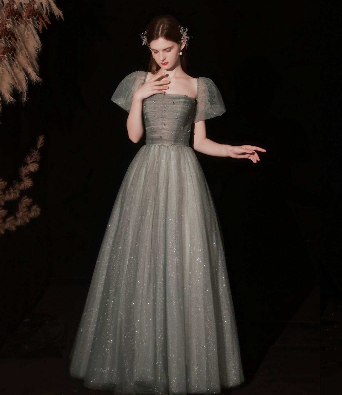 Robe de soirée longue en tulle mignonne Robe de soirée trapèze 10372