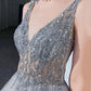 Langes Ballkleid aus grauem Tüll mit Perlen A-Linie Abendkleid 10409