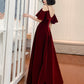 Burgundy velvet long prom dress A line evening dress  10371