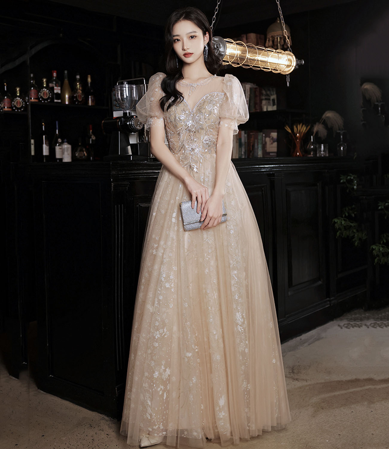 Champagne tulle sequins long prom dress evening dress  10325