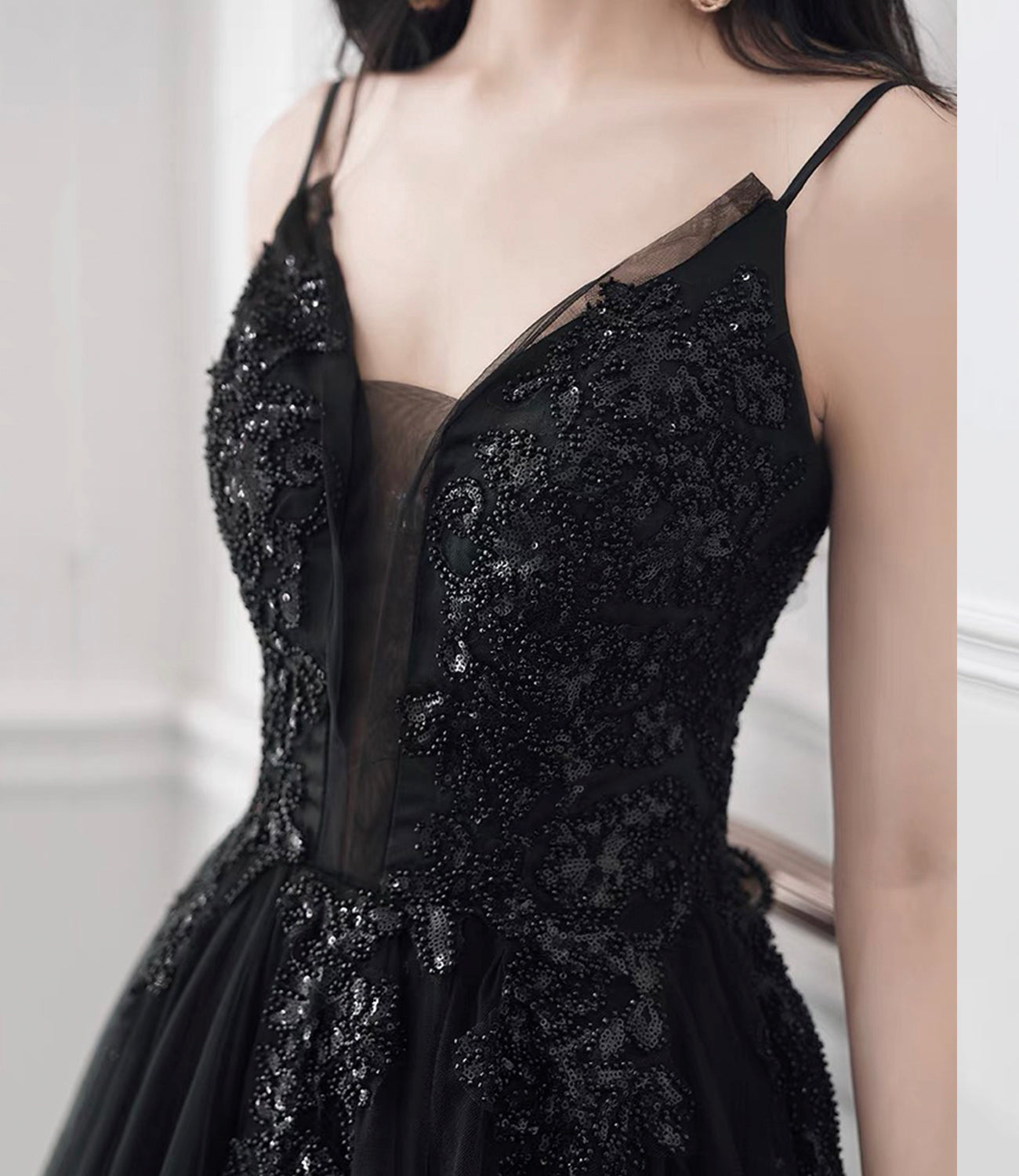 Black tulle sequins long prom dress evening dress  10391