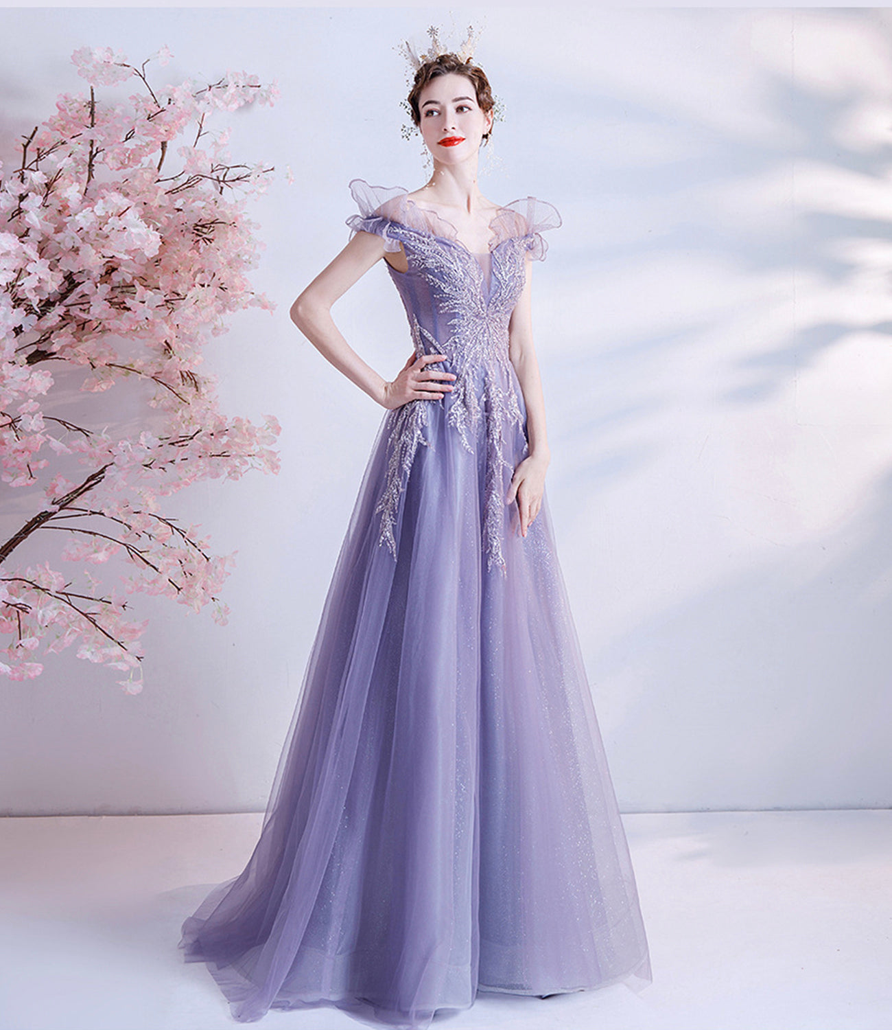 Lila Tüll Pailletten langes Ballkleid A-Linie Abendkleid 10463