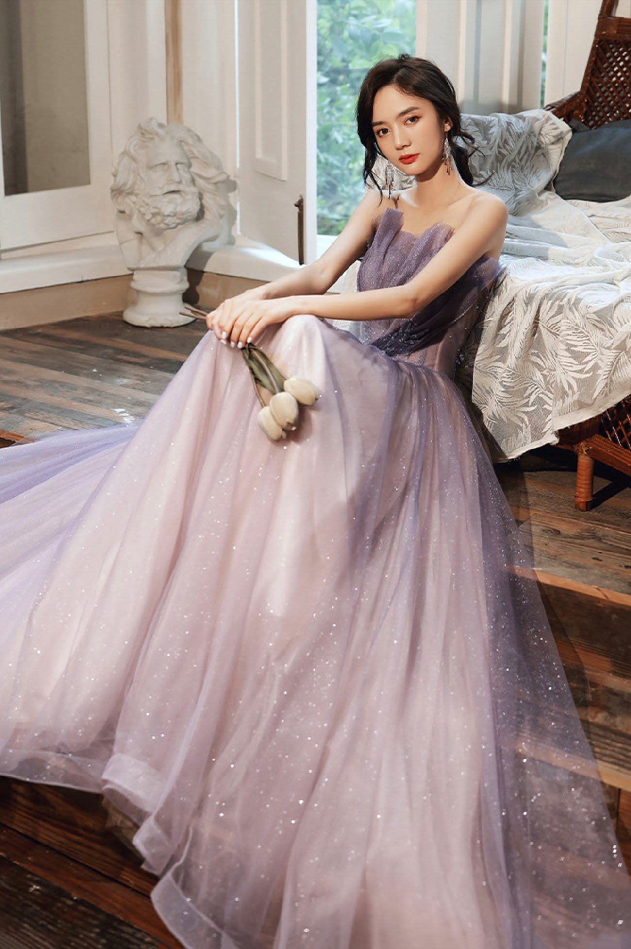 Robe de soirée longue en tulle violet à paillettes 10624