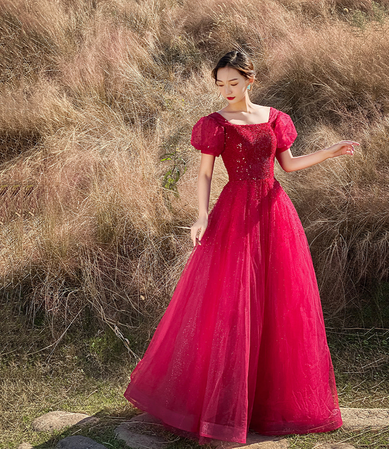 Rote Tüllperlen langes Ballkleid A-Linie Abendkleid 10303