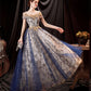 Blaues langes Abendkleid aus Tüll mit Pailletten 10361