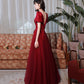 Burgundy satin tulle long prom dress A line evenig dress  10383