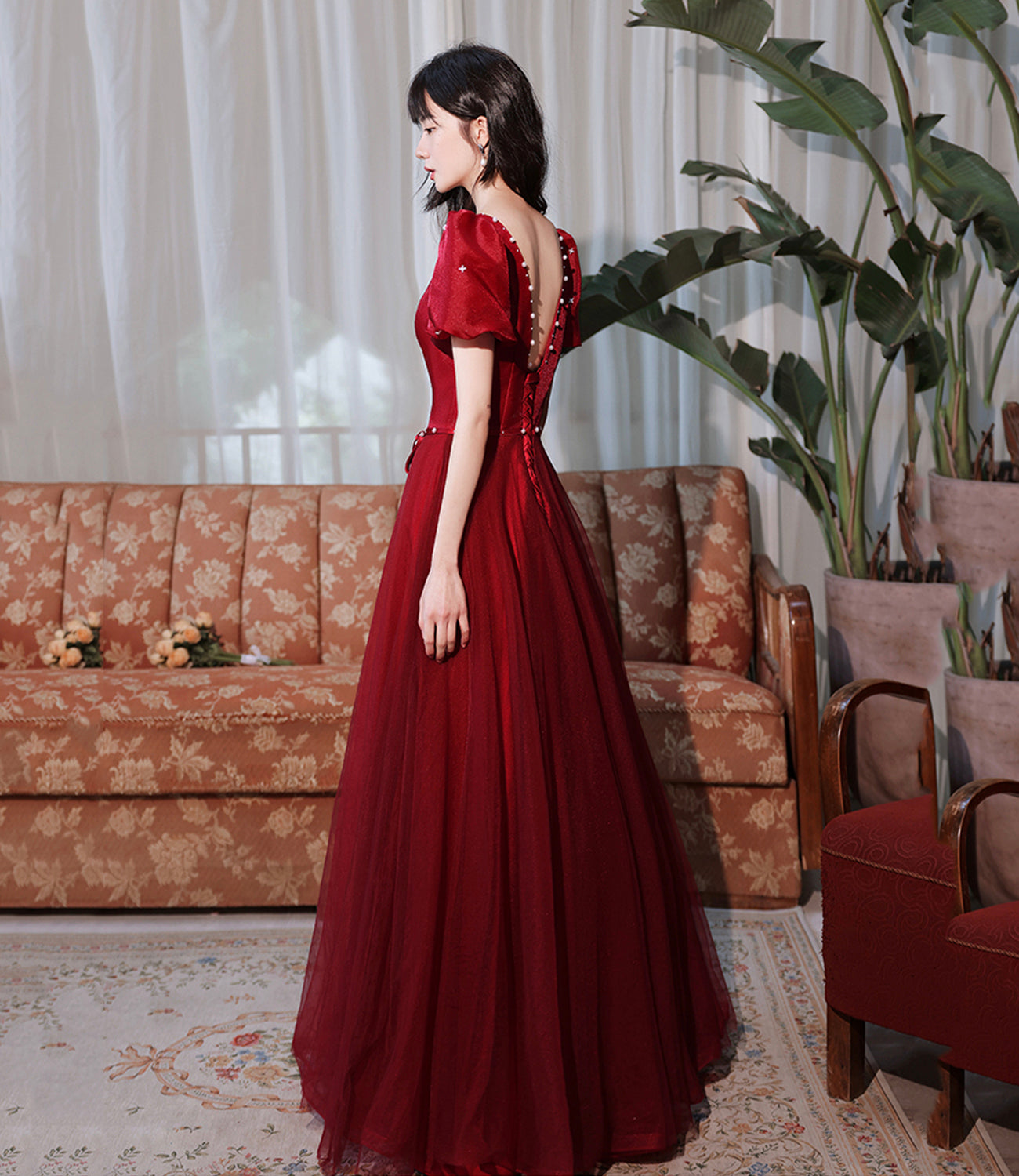 Burgundy satin tulle long prom dress A line evenig dress  10383