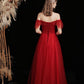 Burgund Tüll Perlen langes Ballkleid A-Linie Abendkleid 10428