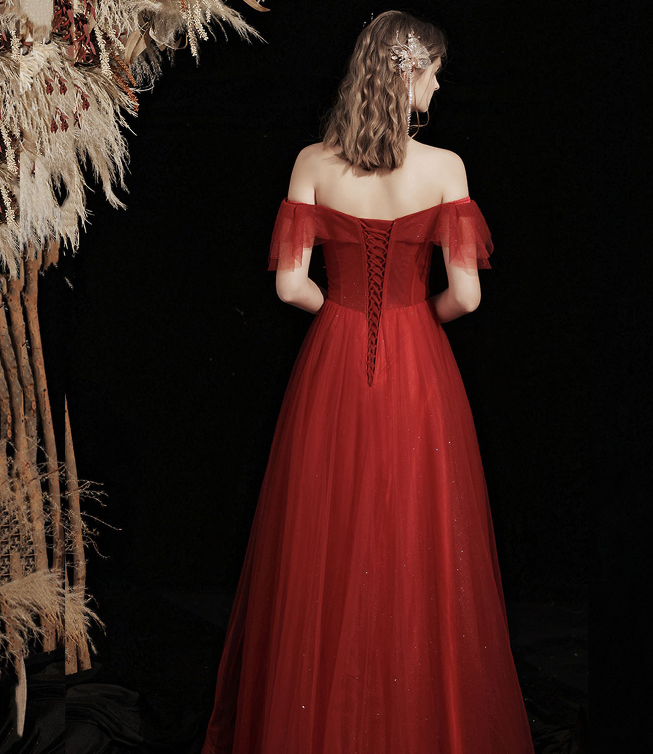 Burgund Tüll Perlen langes Ballkleid A-Linie Abendkleid 10428