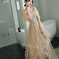 Robe de soirée longue en tulle et dentelle champagne Robe de soirée trapèze 10339
