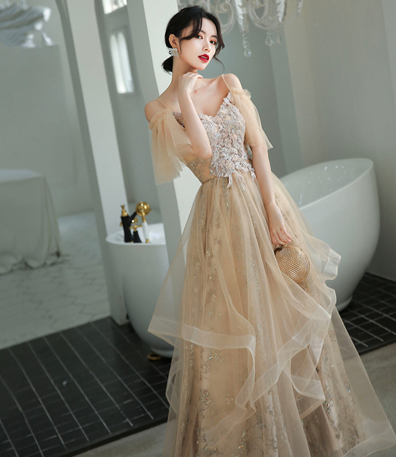 Robe de soirée longue en tulle et dentelle champagne Robe de soirée trapèze 10339