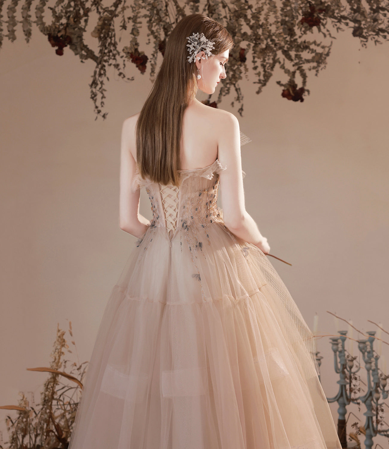 Cute tulle beads long prom dress A line evening dress  10396