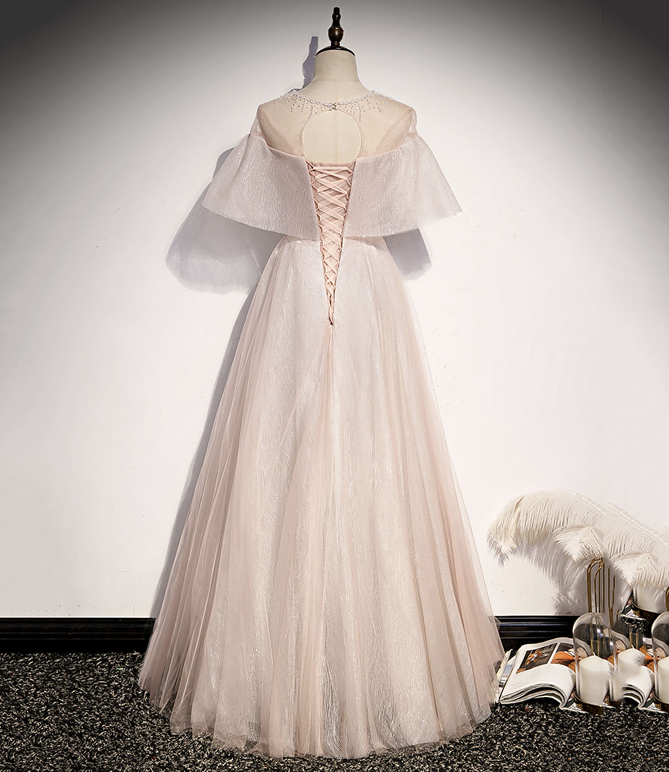 Rosa Tüll langes Ballkleid A-Linie Abendkleid 10331