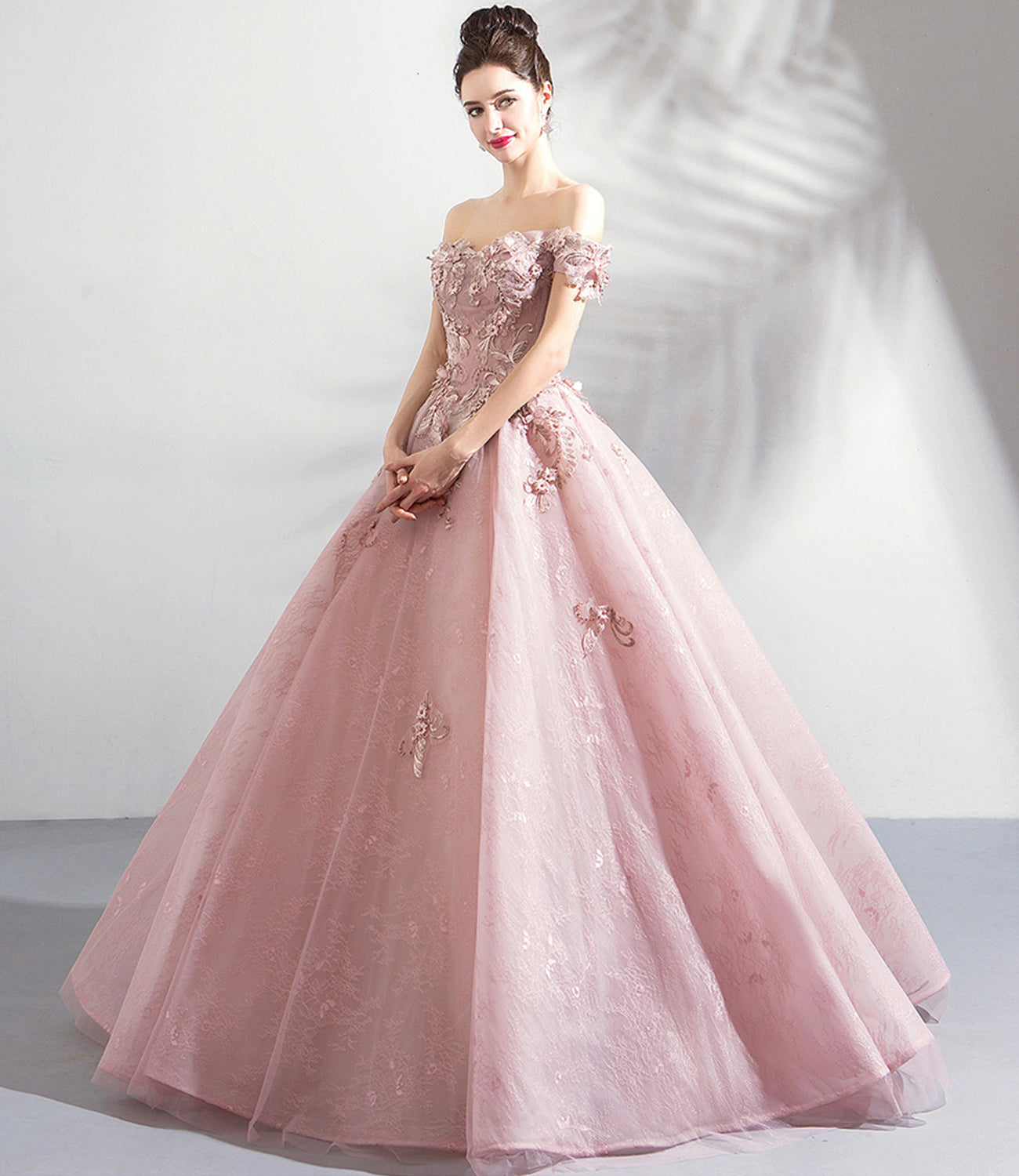 Rosa Tüll Spitze langes Ballkleid A-Linie Abendkleid 10359