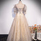 Champagne tulle sequins long prom dress A line evening gown  10327