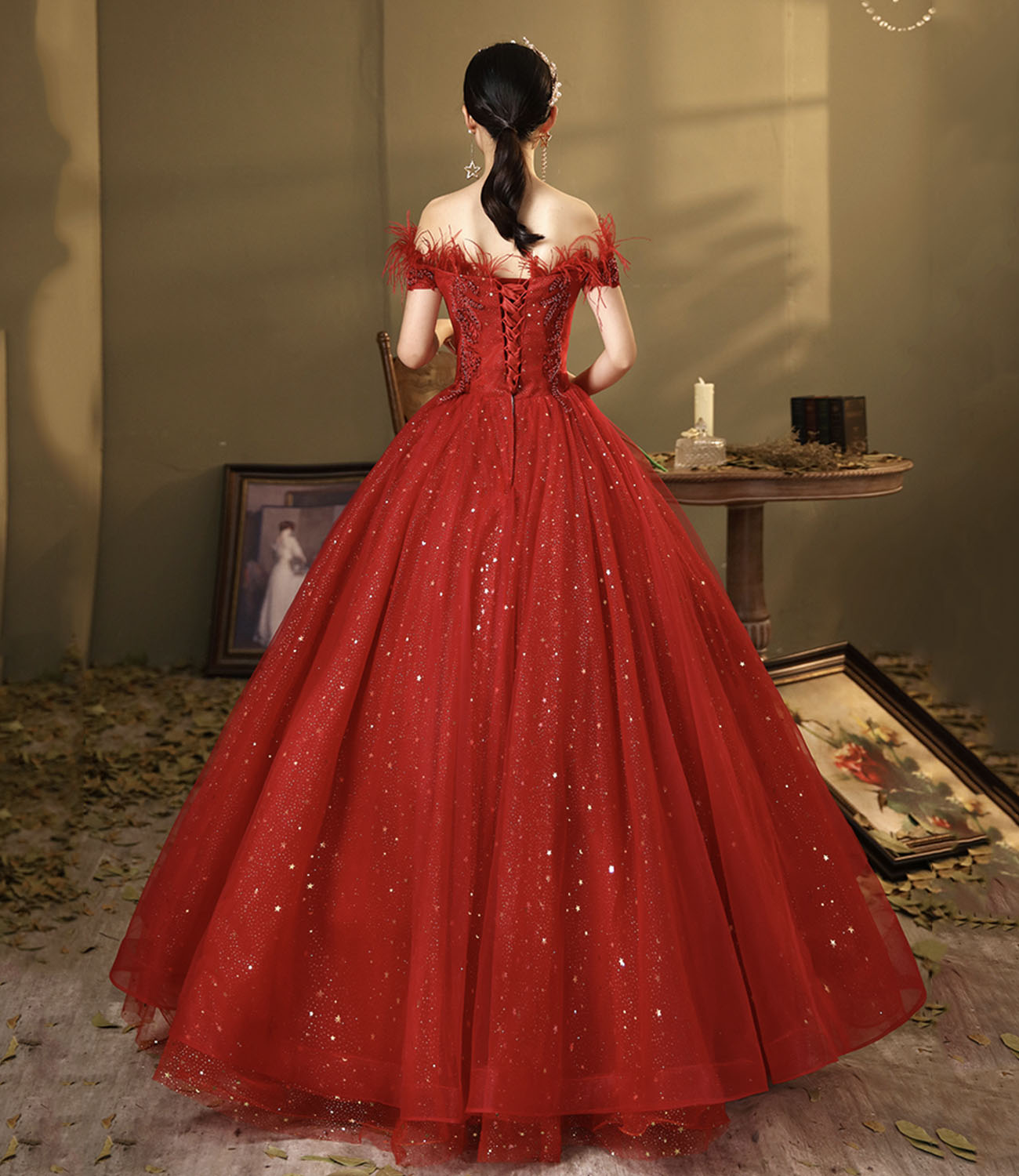 Red tulle sequins long ball gown dress A line evening dress  10324