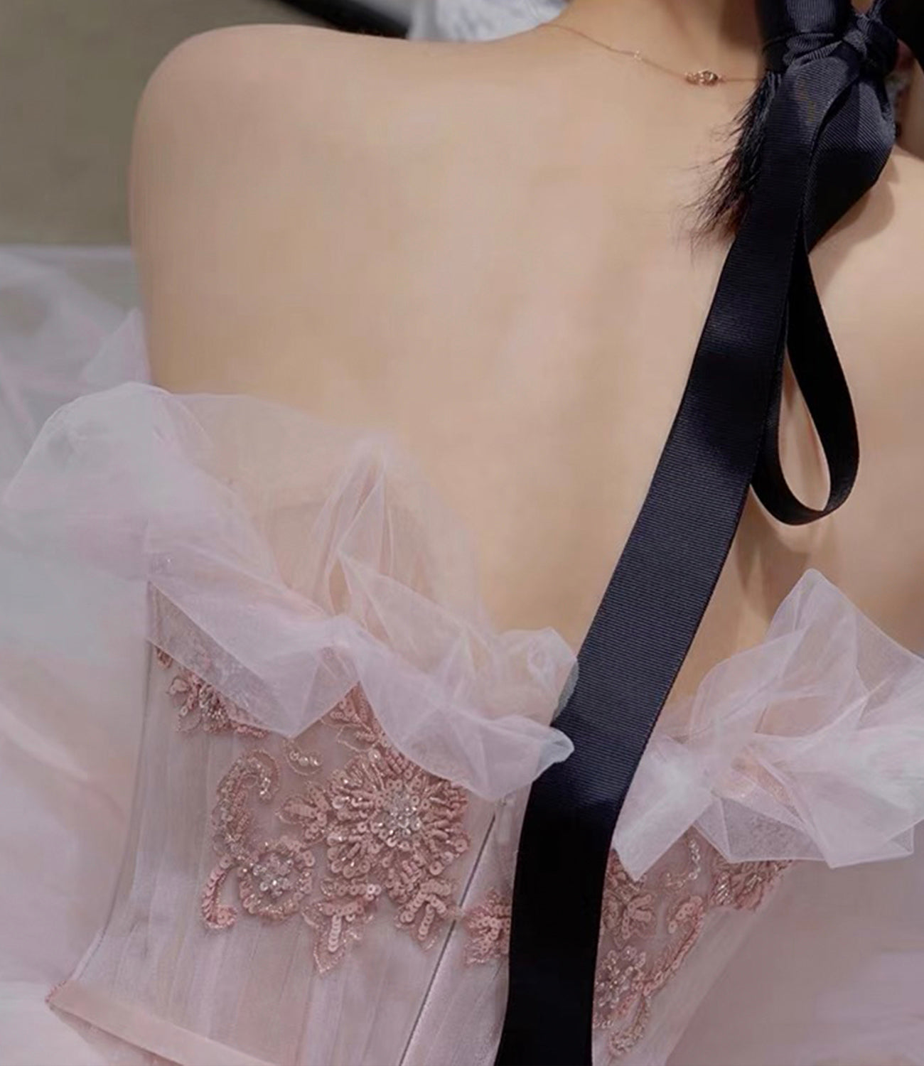 Rosa Tüll Pailletten langes Abendkleid A-Linie Abendkleid 10302