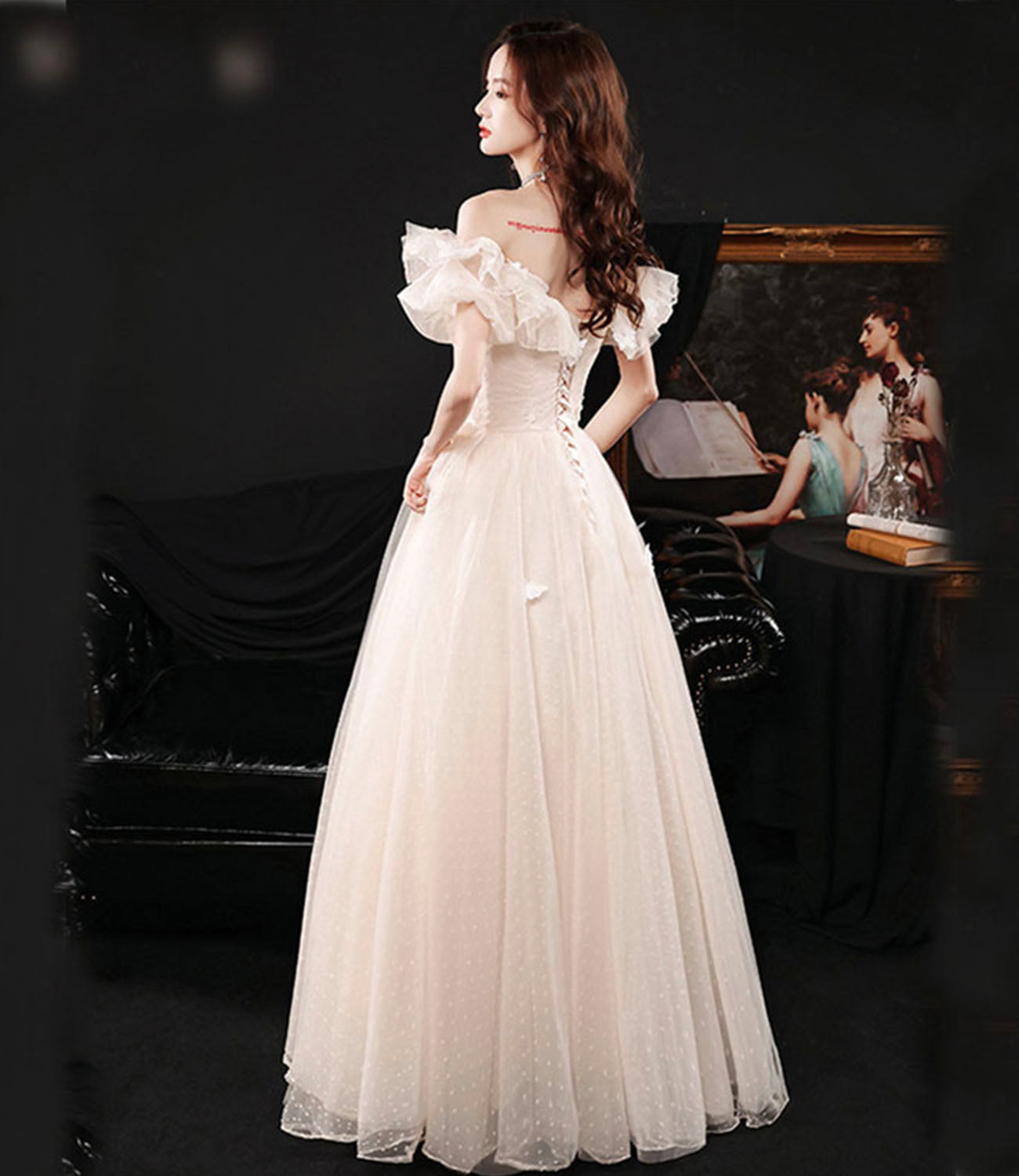 Champagne tulle long prom dress A line evening dress  10423